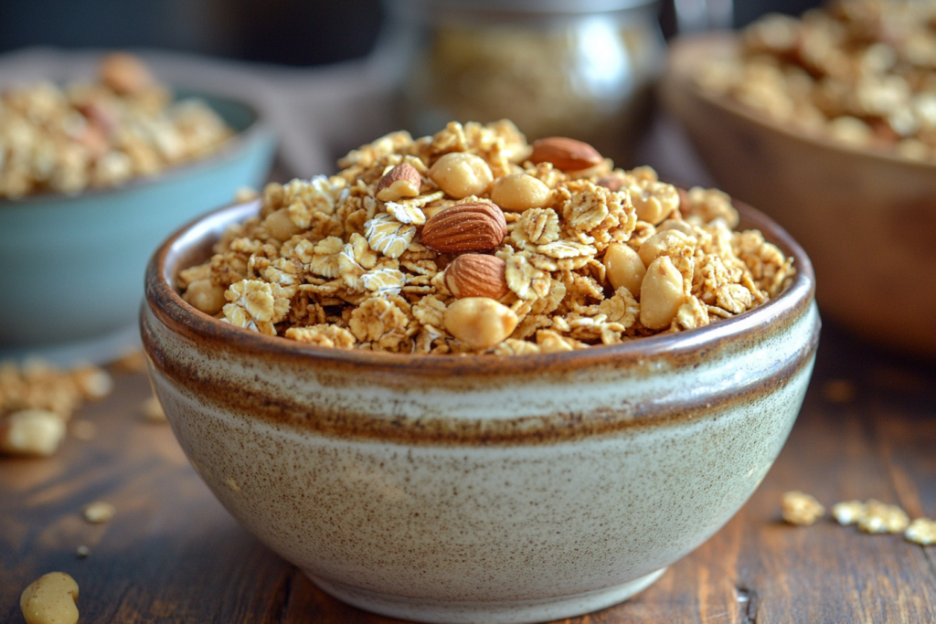 Crunchy vanilla nut granola recipe presented in a bowl with toasted nuts.