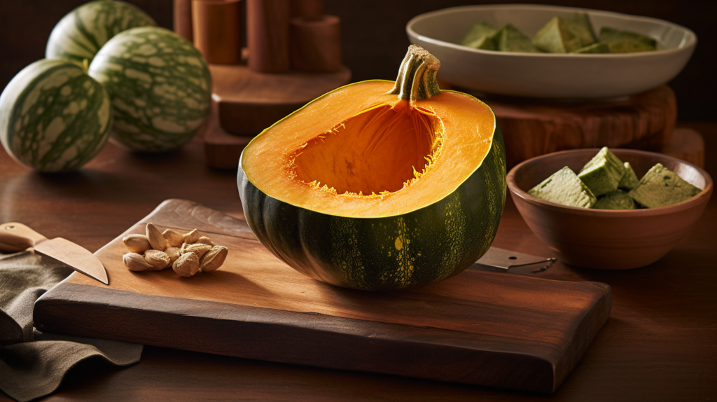 Rustic kitchen setting featuring a halved green kabocha squash with vibrant orange flesh. A roasted kabocha wedge with caramelized edges sits on a wooden cutting board, surrounded by chestnuts, sweet potatoes, and small bowls of olive oil and herbs. Warm, natural lighting highlights the creamy texture and sweet, nutty qualities of the squash.