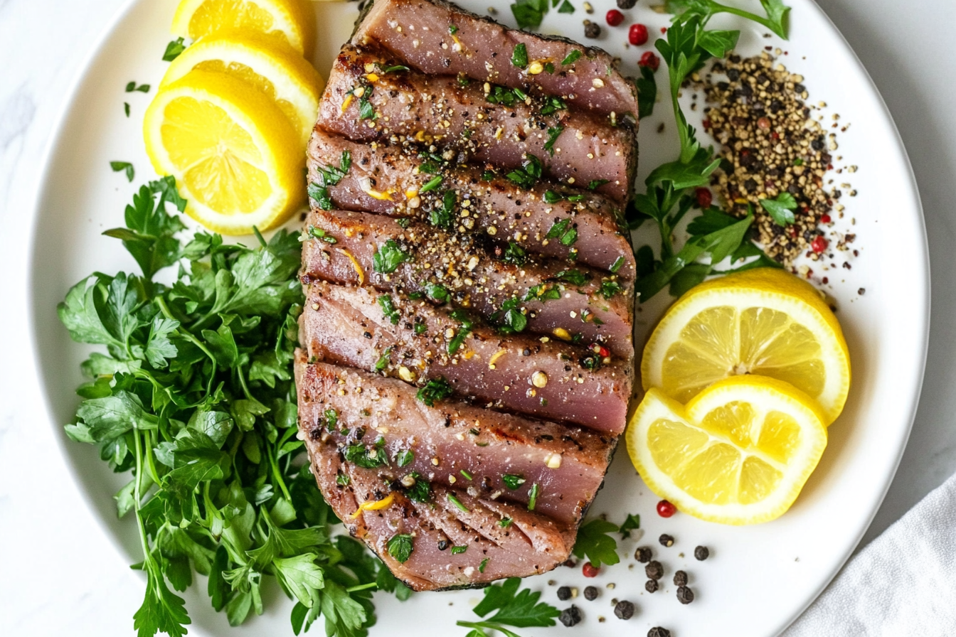 Seared tuna garnished with fresh herbs, showing what seasonings are good on tuna.