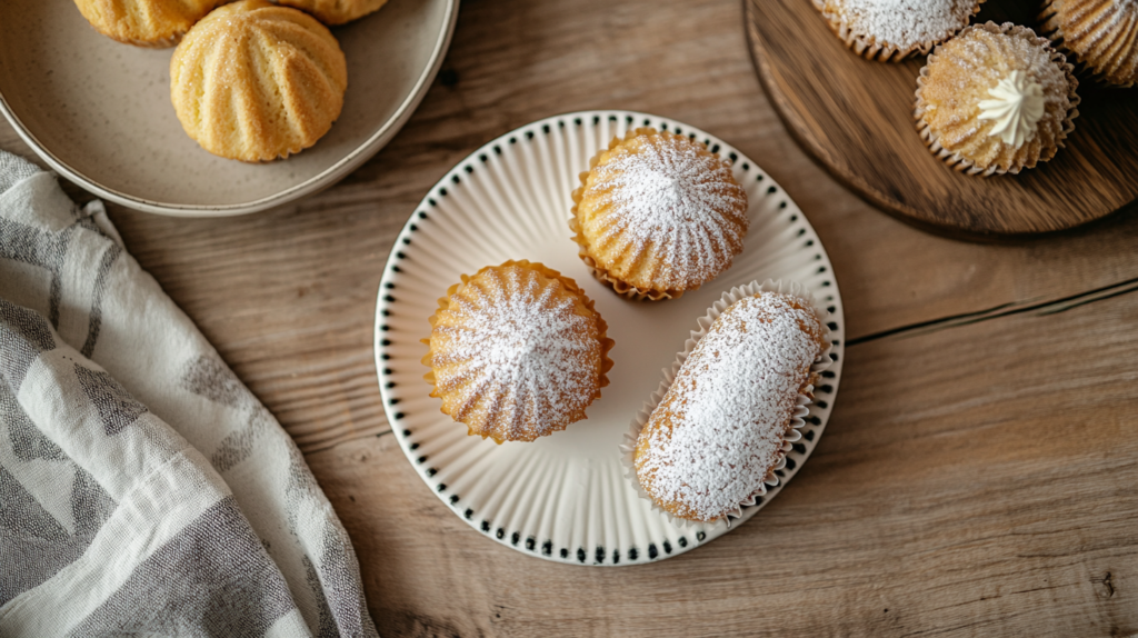 Madeleines vs. Muffins: Top-down view of freshly baked treats in a beautiful kitchen.