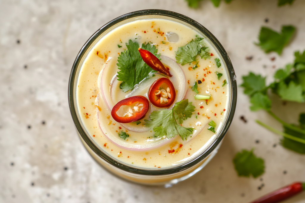 Close-up view of leche de tigre recipe in a clear glass