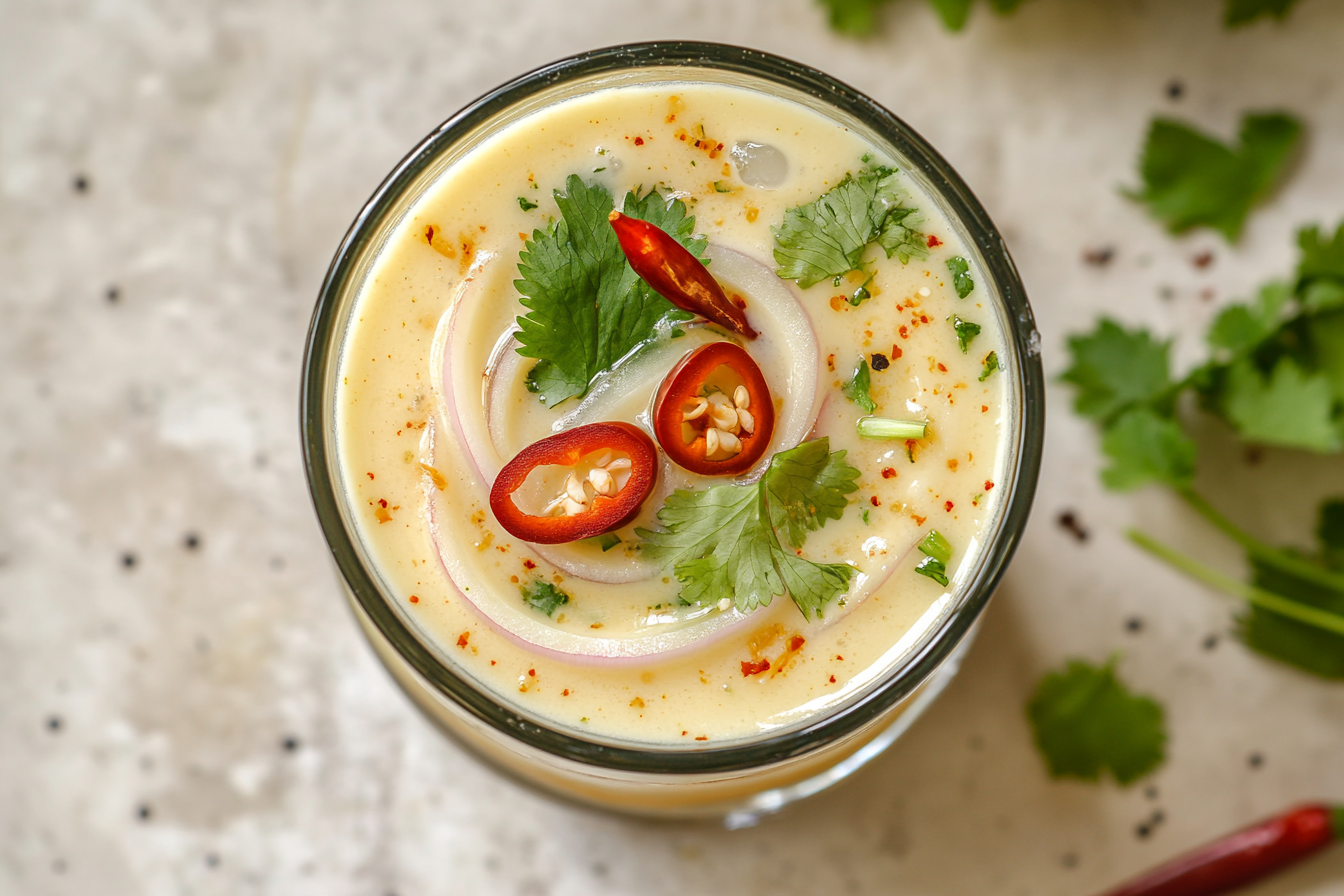 Close-up view of leche de tigre recipe in a clear glass
