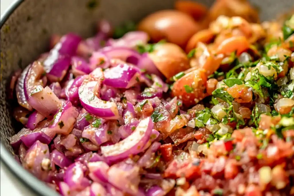  A mixed bowl of cebolla ensalada displaying its components.