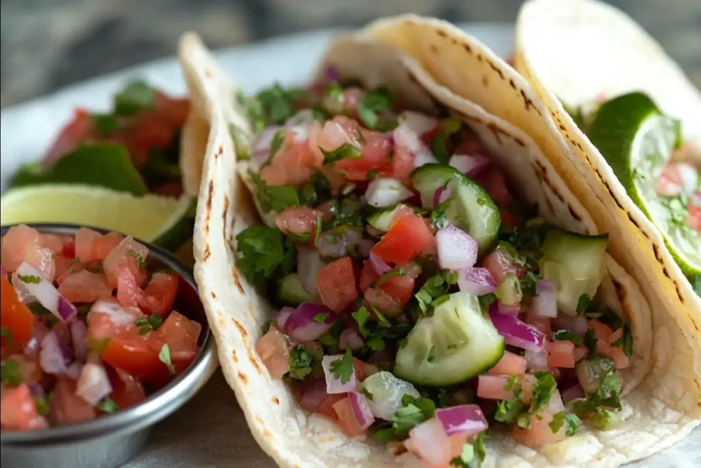 Cebolla ensalada as a topping on tacos.