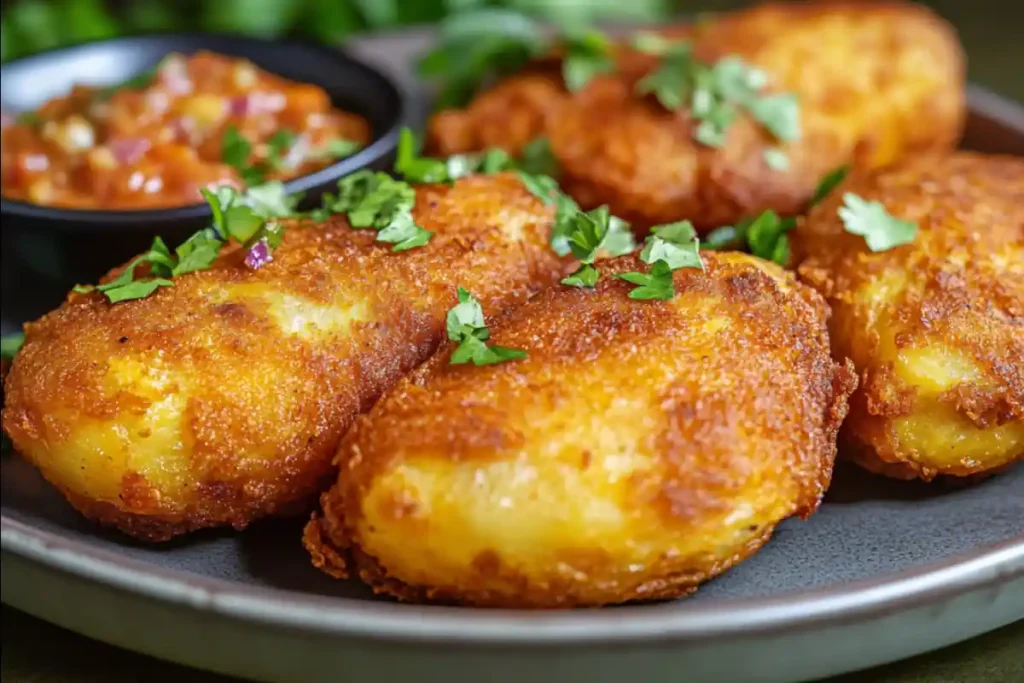 Golden-brown fried papas rellenas recipe Chilean style on a serving plate.