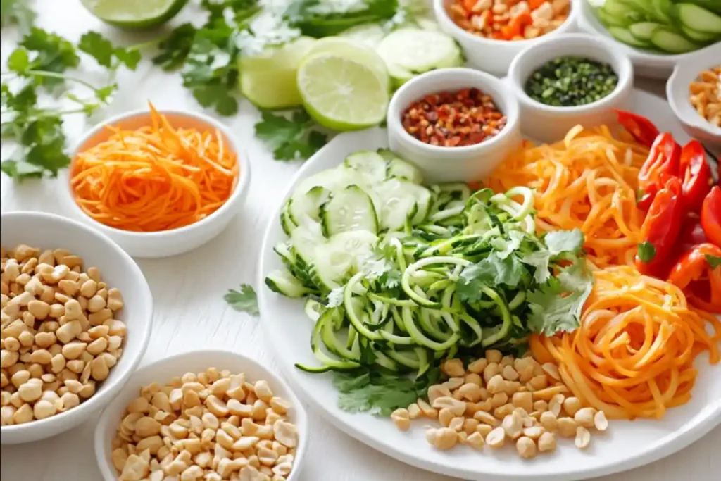 A health-conscious Pad Thai featuring zucchini noodles, tofu, and fresh vegetables, garnished with lime and crushed peanuts. The dish is presented in a bright, minimalist setting, surrounded by fresh ingredients like tamarind, konjac noodles, and herbs, reflecting a wholesome and modern twist on a classic Thai dish.