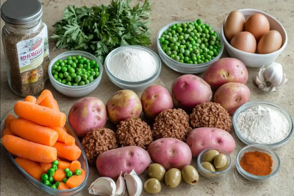 Ingredients for papas rellenas recipe Chilean style arranged on a kitchen counter.