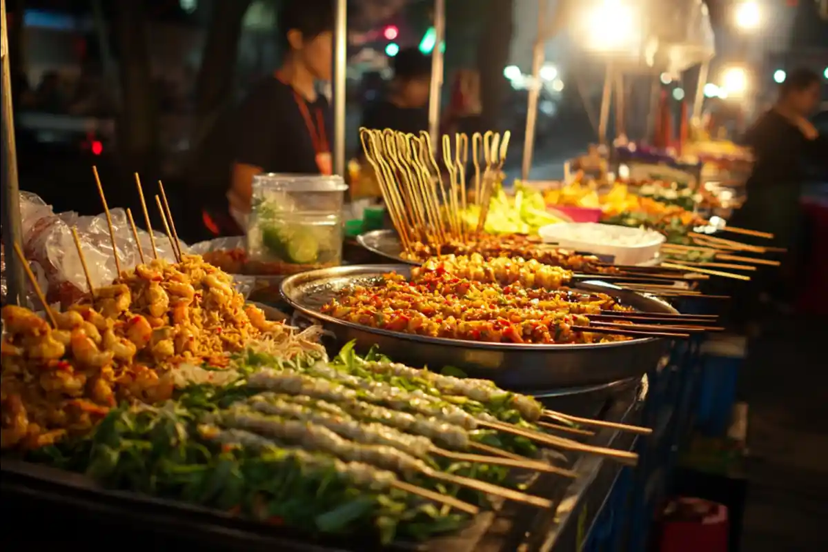 A bustling Thai street food market featuring Som Tam (green papaya salad) with chilies and lime, a plate of Khao Pad (fried rice) with shrimp and vegetables, and satay skewers served with peanut sauce. The vibrant scene captures the affordability and variety of Thai street food with colorful stalls and a warm, welcoming atmosphere.