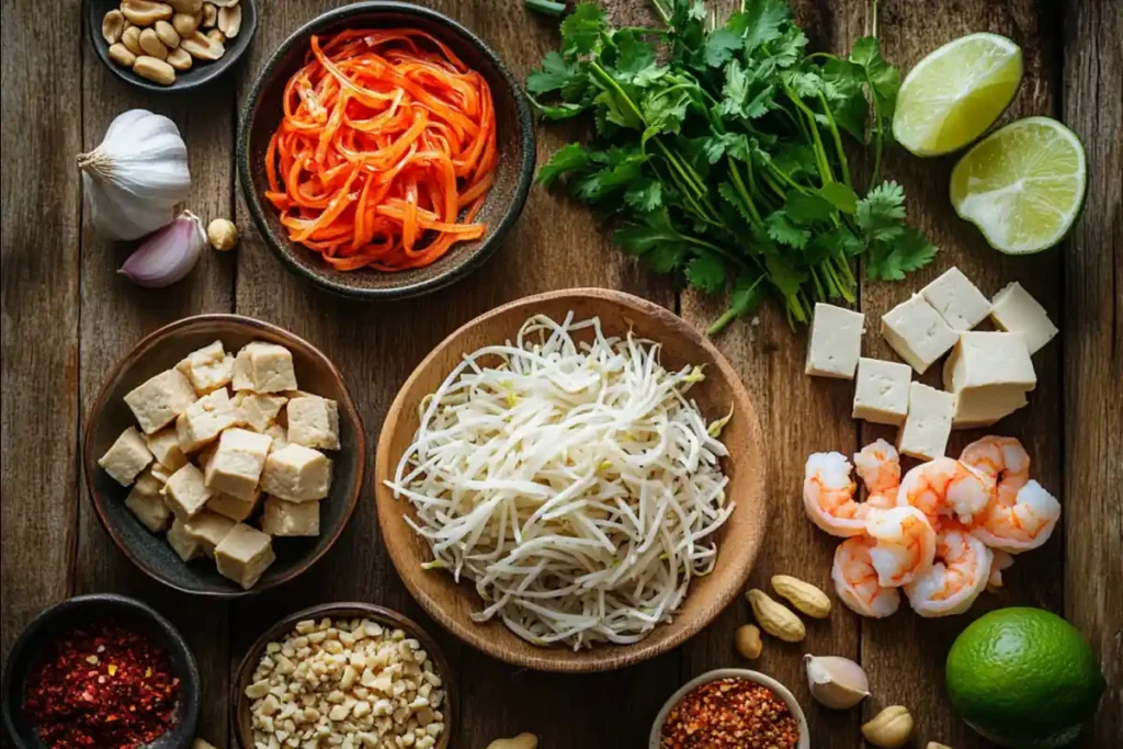 An overhead shot showcasing essential Pad Thai ingredients: rice noodles, shrimp, tofu, chicken, tamarind paste, peanuts, bean sprouts, lime, garlic, and chives, beautifully arranged on a wooden table to highlight their freshness and importance.