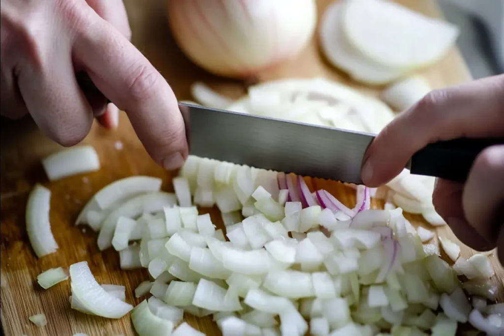 Preparing the onions for a cebolla ensalada recipe.