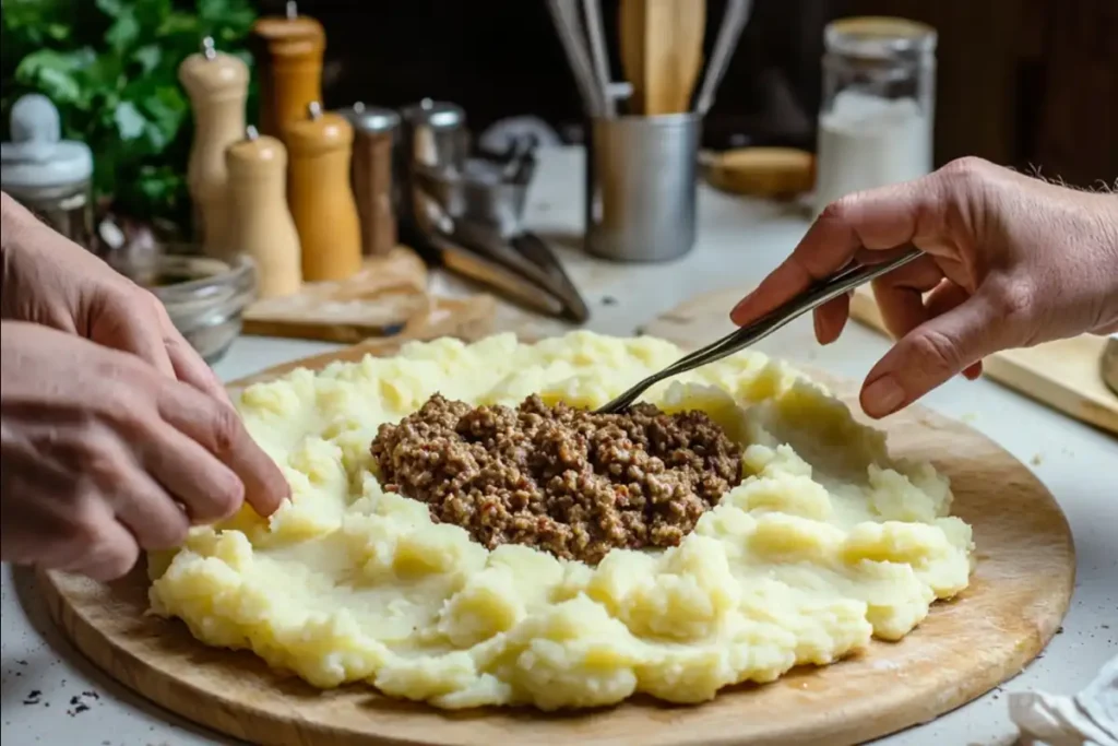 Step-by-step assembling of papas rellenas recipe Chilean style in a kitchen