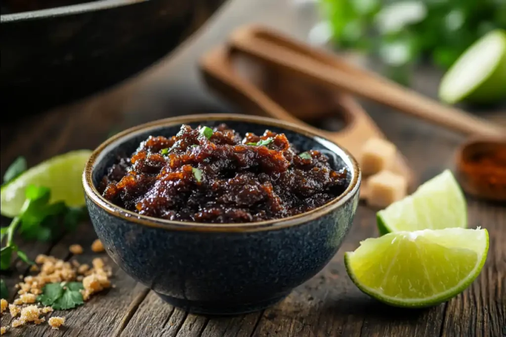 A small bowl of tamarind paste on a wooden table, accompanied by lime wedges, brown sugar, and soy sauce as substitute ingredients, with a wok, tongs, and a ladle in the background for authentic Pad Thai preparation.