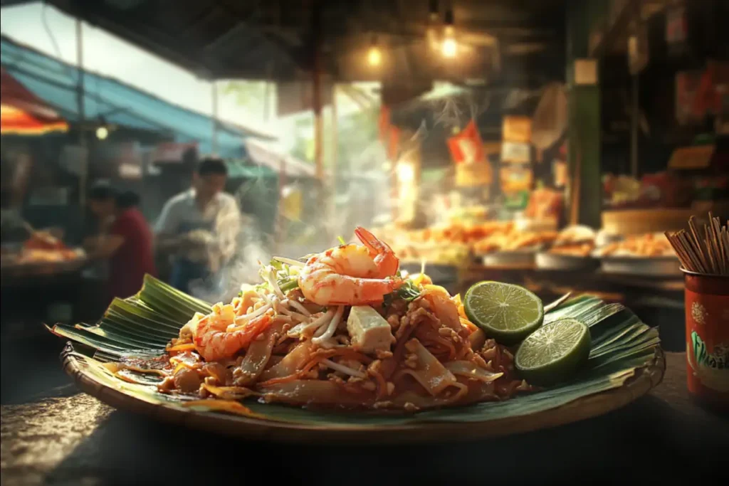 A plate of Pad Thai, Thailand's iconic national dish, garnished with shrimp, lime, and bean sprouts, beautifully presented in a bustling Thai street market