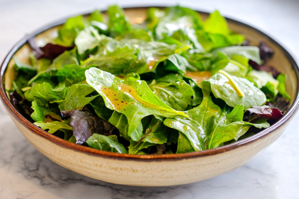 Mixed greens soaking in a for new orleans soaked salad dressing recipe