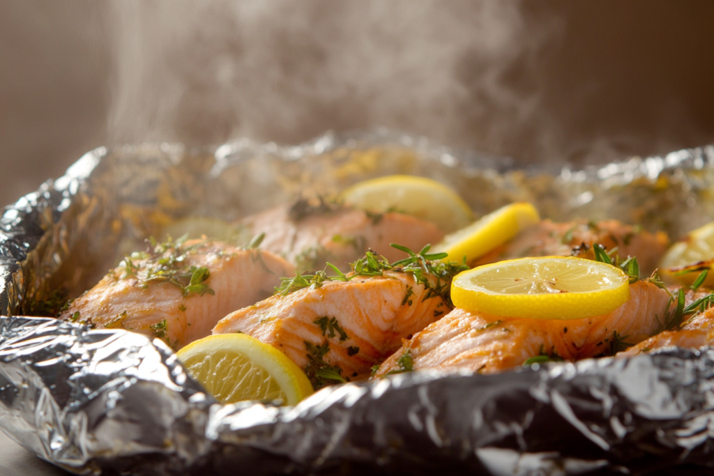 Baked Salmon with Lemon and Herbs inside a foil packet for a moist cooking method.
