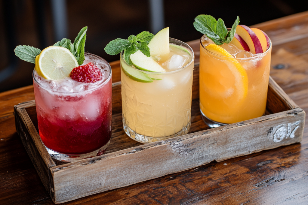 What is the California cocktail? Selection of regional fruit mocktails on a wooden tray.