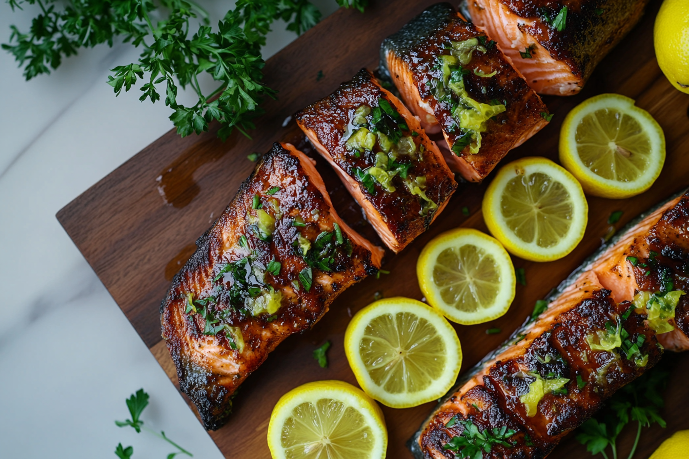 why do people put lemon juice on salmon – featured plate of salmon with lemon slices
