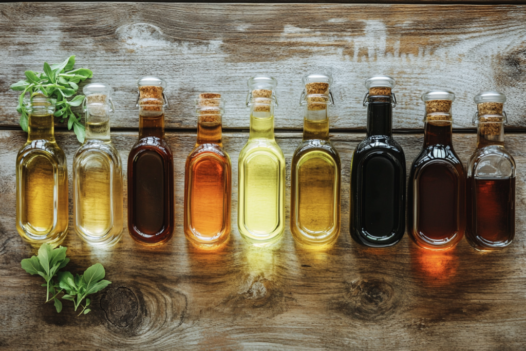 Bottles of oils and vinegars emphasizing what is the purpose of salad dressing?