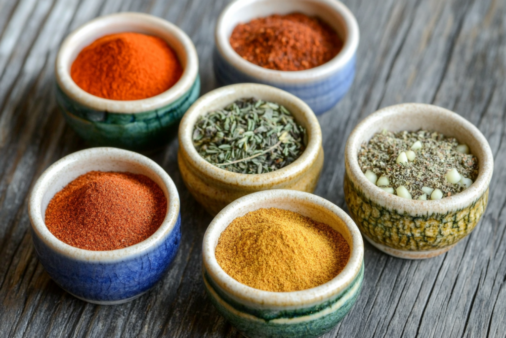 Key spices for new orleans soaked salad dressing recipe displayed neatly