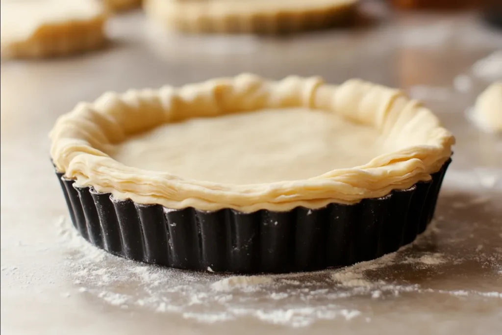 Rolled-out puff pastry dough in a tart pan, illustrating can you use puff pastry for the bottom of a tart?