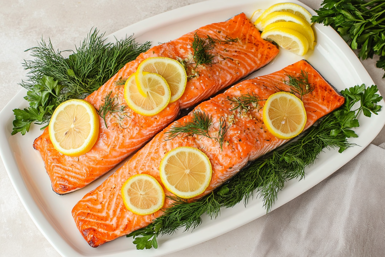 Baked Salmon with Lemon and Herbs arranged neatly on a white serving platter.