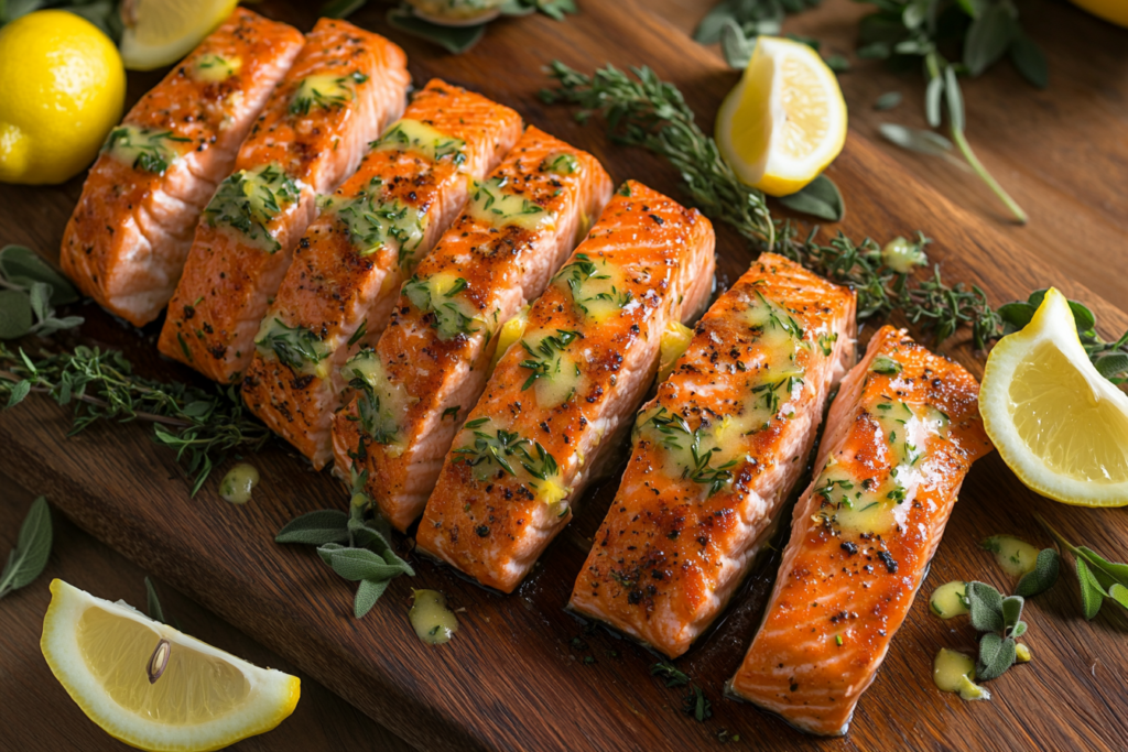 Baked Salmon with Lemon and Herbs served on a rustic board, garnished with extra herbs.