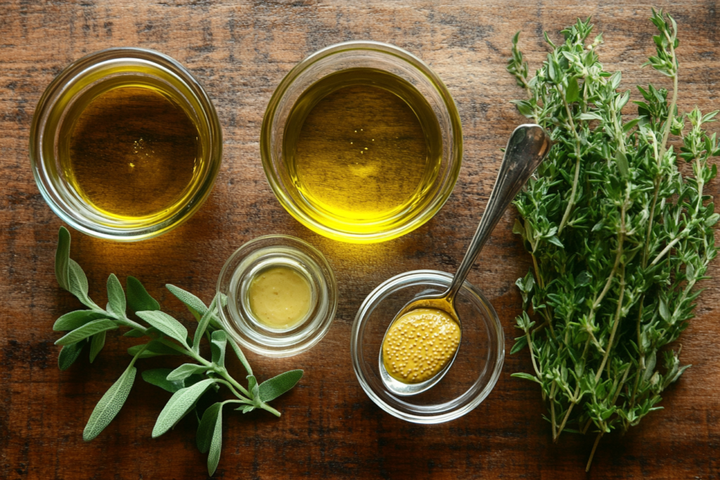 Ingredients assembled for what is the rule when applying salad dressings to salads?