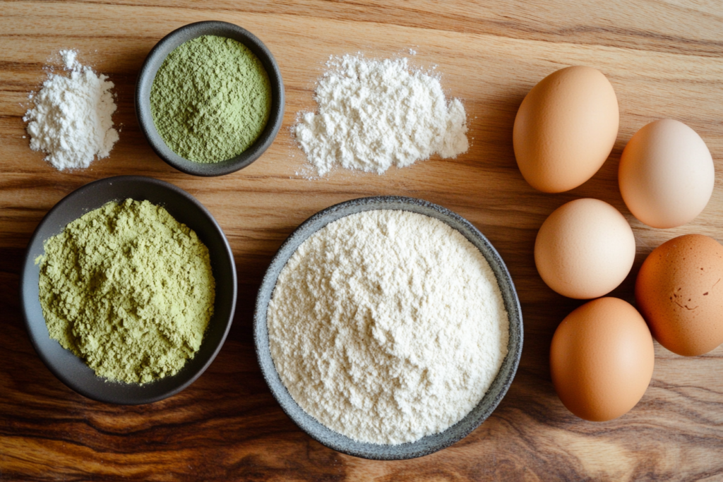 Close-up of key ingredients for the matcha muffin recipe with almond flour.