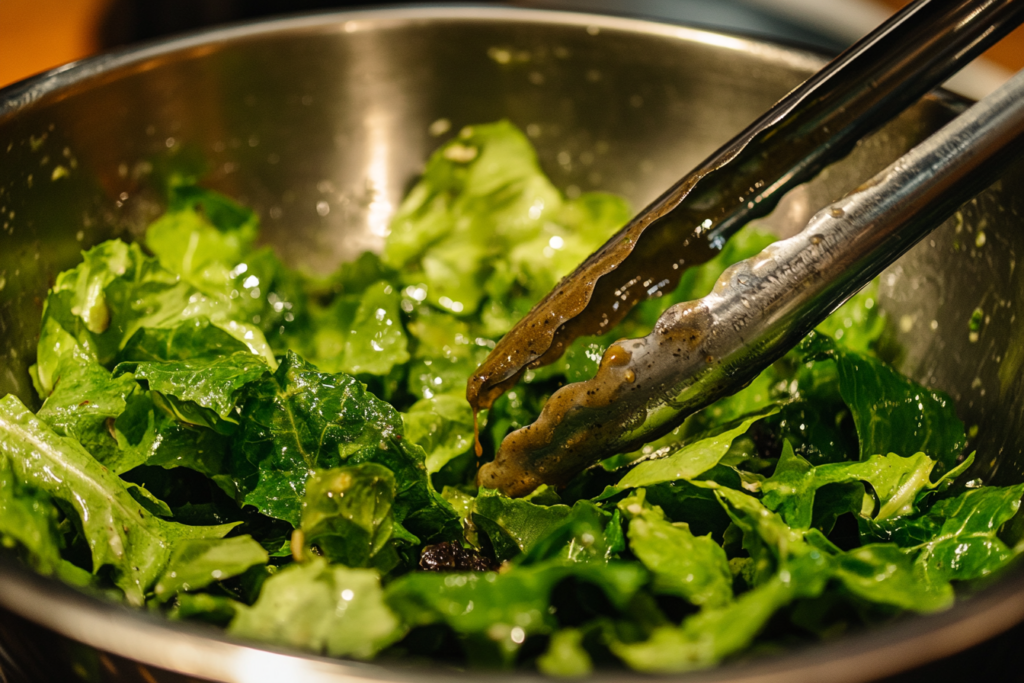 Tossed salad representing what is the rule when applying salad dressings to salads?