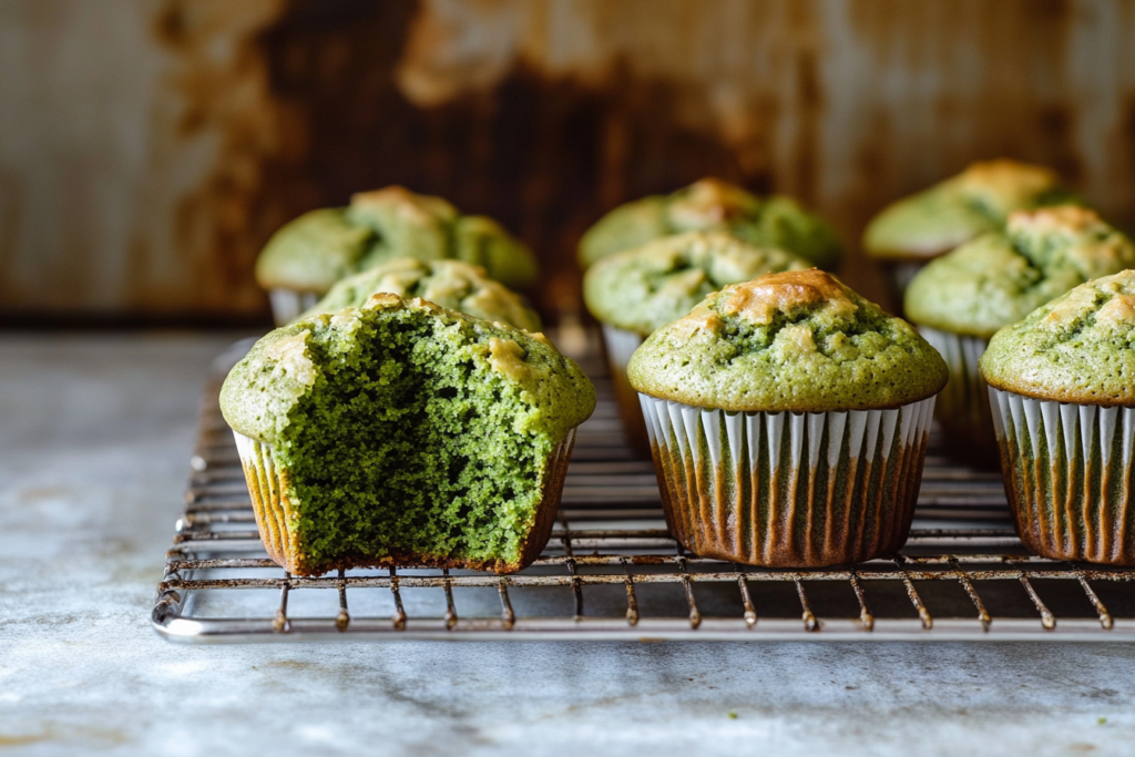 Finished treats showing the matcha muffin recipe with almond flour on a cooling rack.