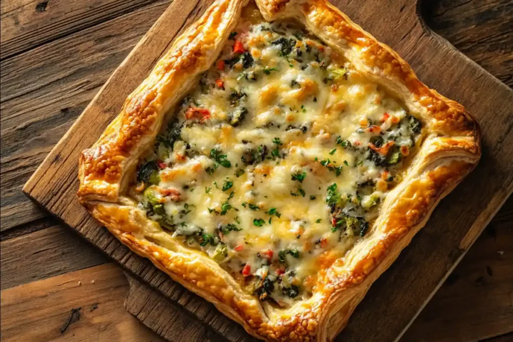 Fully baked savory puff pastry tart, showing can you use puff pastry for the bottom of a tart? in a final dish