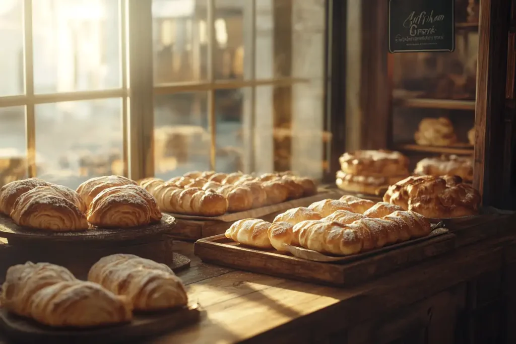 A vintage Swiss bakery with a baker preparing traditional Gipfeli, surrounded by wooden trays of golden, flaky pastries and antique baking tools