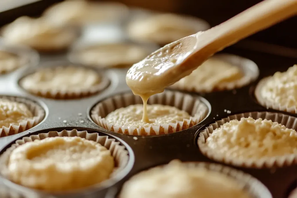 A muffin pan with liners filled at different levels—⅔ full, ¾ full, and nearly full—showing how batter height affects muffin shape.