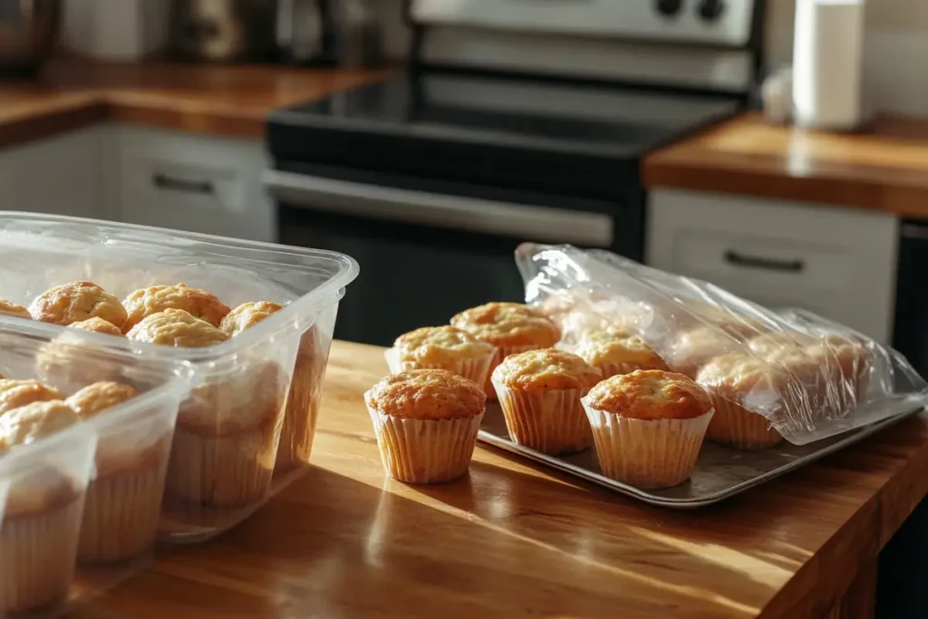 Freshly baked muffins stored in an airtight container, individually wrapped in plastic, and placed in a zip-top bag for freezing.