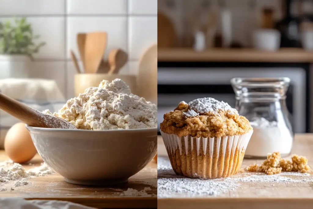 A visual guide to common baking mistakes, showing dense overmixed batter, improperly measured flour, cold ingredients, and incorrect oven temperature alongside the correct methods.