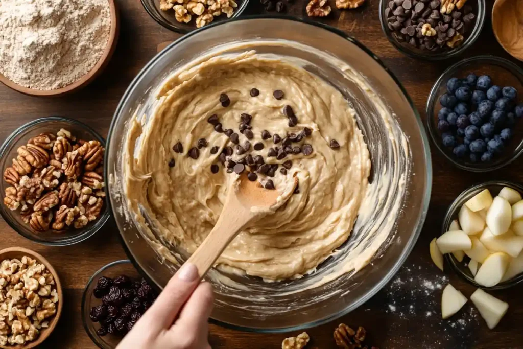 A mixing bowl filled with coffee cake muffin batter surrounded by small dishes of walnuts, pecans, chocolate chips, blueberries, apples, and raisins, ready to be folded in.