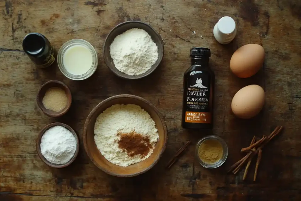 An overhead view of key ingredients for coffee cake muffins, including flour, butter, sugar, eggs, milk, yogurt, vanilla, cinnamon, and leavening agents, arranged on a wooden countertop.